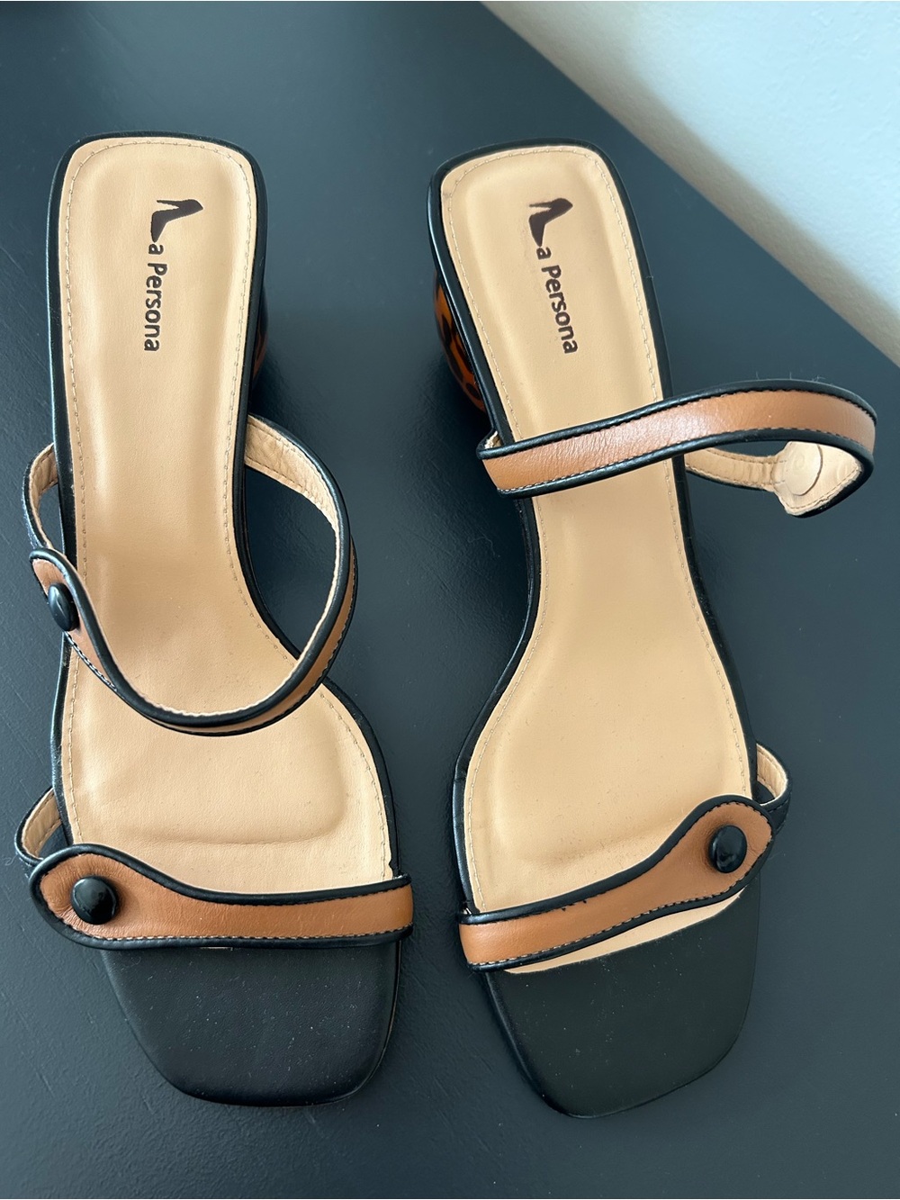 Persona Tan and Black Strap Slide Mules